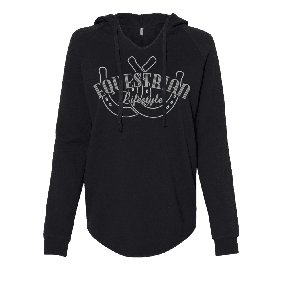 A black long-sleeve hoodie with a drawstring hood and a white graphic print on the front featuring horseshoes and the text 'EQUESTRIAN Lifestyle'.
