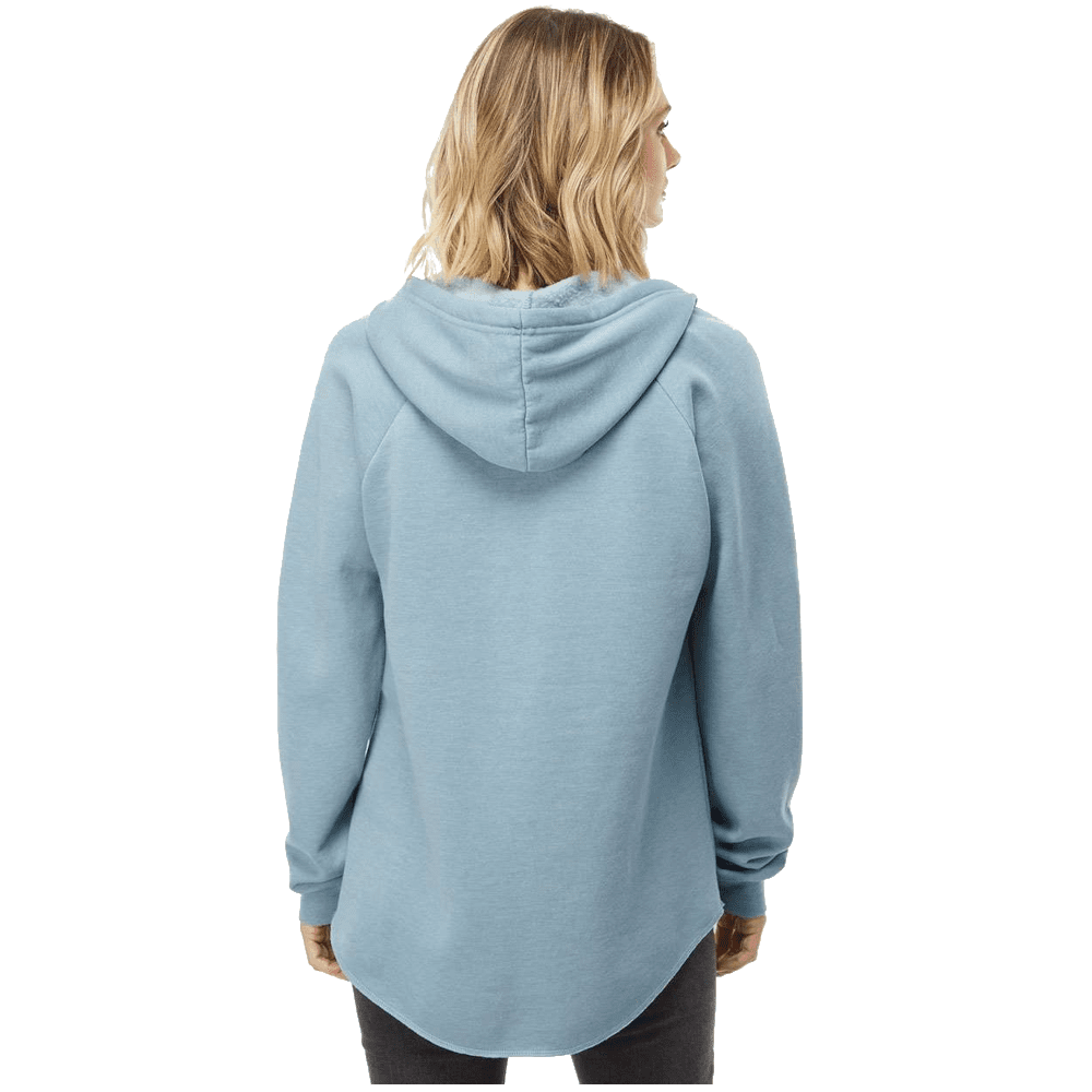 A woman viewed from the back wearing a light blue heathered pullover hoodie with raglan sleeves and a curved hem, paired with dark pants, against a plain white background.