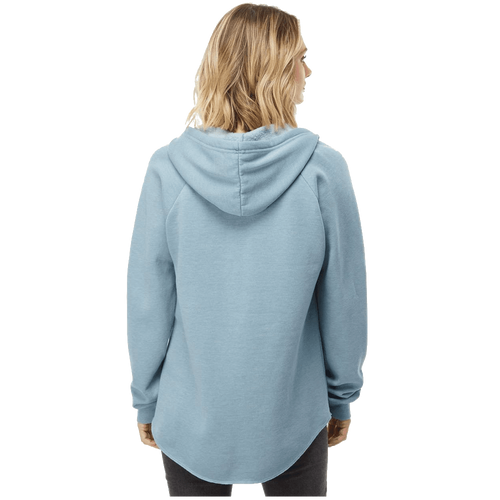 A woman viewed from the back wearing a light blue heathered pullover hoodie with raglan sleeves and a curved hem, paired with dark pants, against a plain white background.
