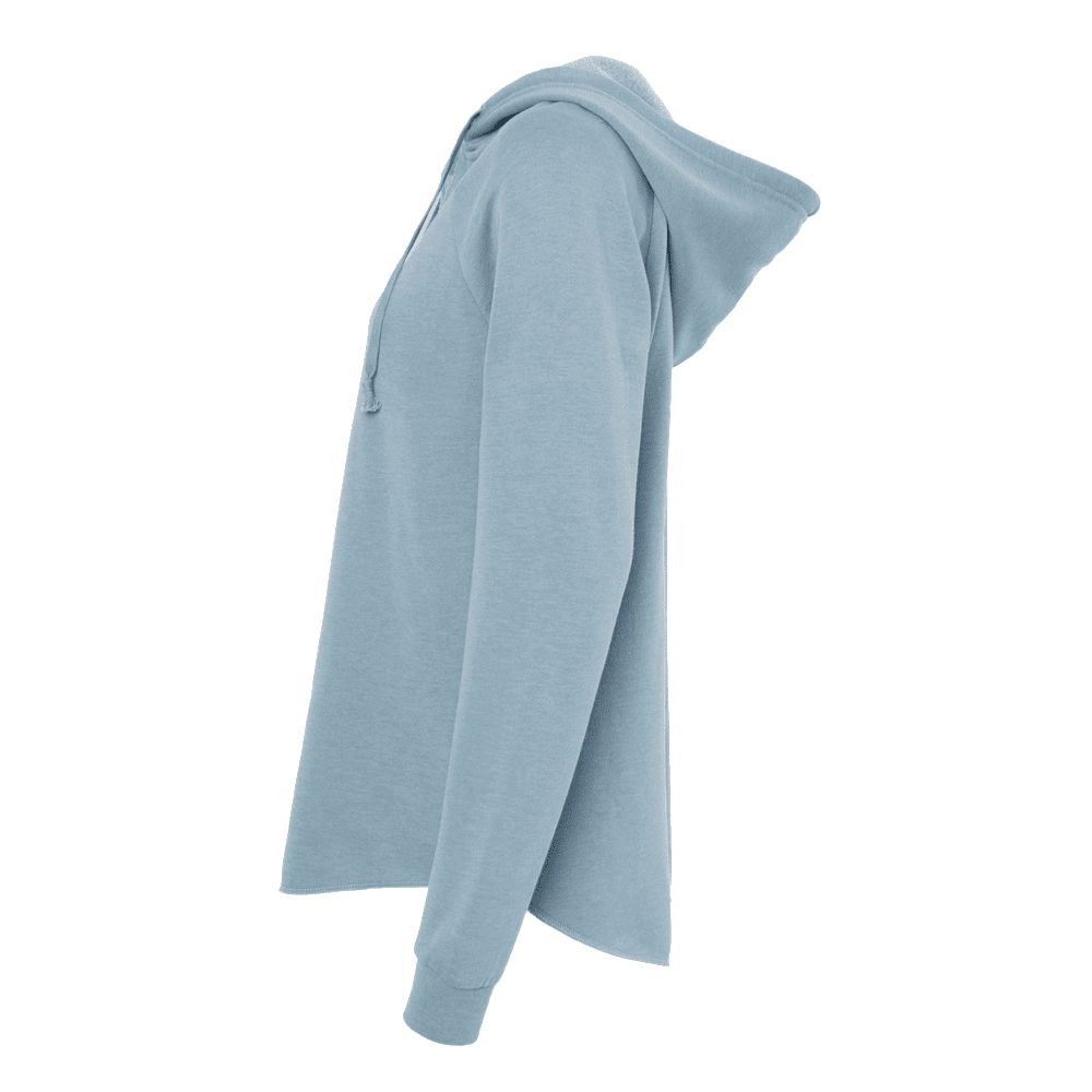 A light blue heathered pullover hoodie shown from a side profile view against a solid white background.