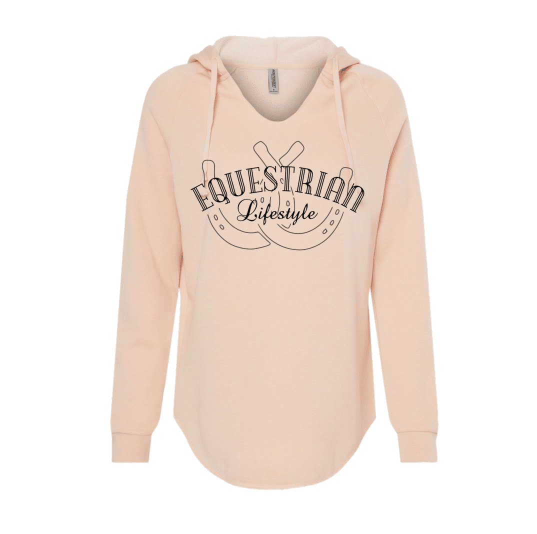 A light peach-colored long-sleeve hoodie with a graphic on the front that reads 'EQUESTRIAN Lifestyle' in brown lettering, featuring  a horseshoe design, shown against a plain white background.
