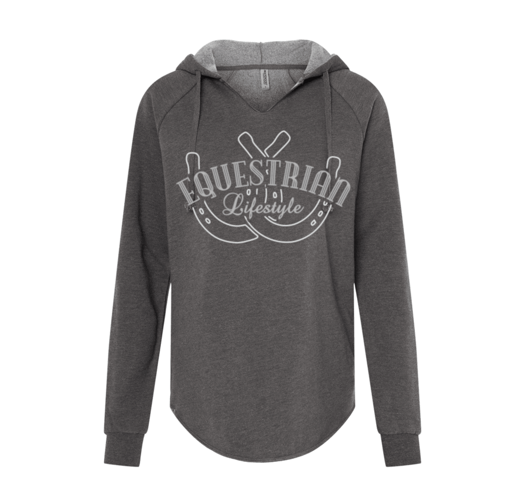 A dark heather gray long-sleeve hoodie with a light gray graphic on the front that reads 'EQUESTRIAN Lifestyle' with  a horseshoe design, shown on a plain white background.