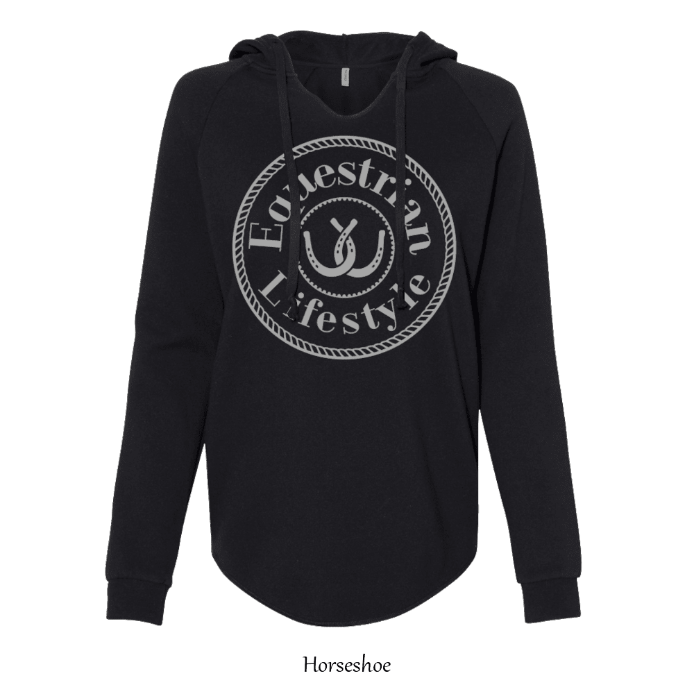 A black long-sleeve hooded sweatshirt with a large circular white graphic on the chest reading 'Equestrian Lifestyle' around a horseshoe symbol. The sweatshirt is shown against a plain white background, with the text 'Horseshoe' printed below.