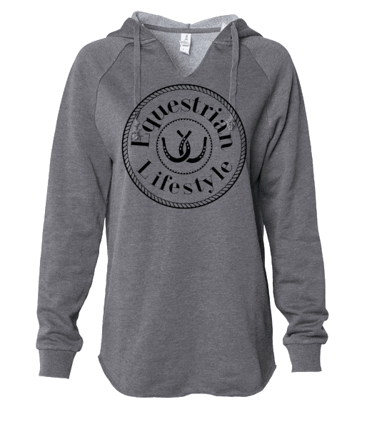 A heather gray pullover hoodie with a black circular graphic on the chest that reads 'Equestrian Lifestyle' around an horseshoe illustration. The hoodie features a V-neck, drawstring hood, and raglan sleeves, shown against a plain white background.