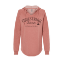 A dusty rose heathered pullover hoodie with a drawstring hood and raglan sleeves, featuring the text 'EQUESTRIAN Lifestyle & It's Better at the Barn' printed in black on the chest.