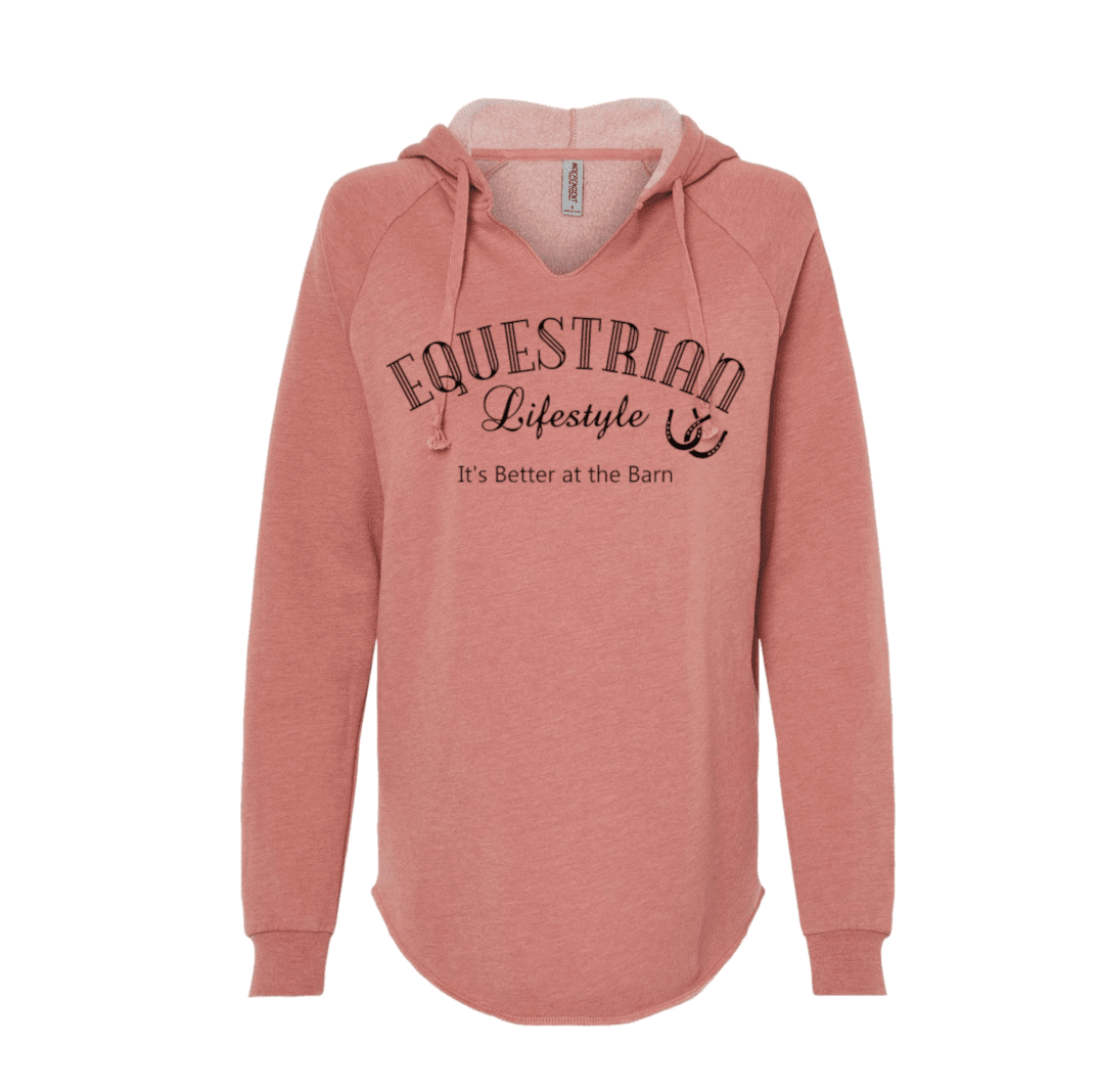 A dusty rose heathered pullover hoodie with a drawstring hood and raglan sleeves, featuring the text 'EQUESTRIAN Lifestyle & It's Better at the Barn' printed in black on the chest.