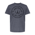 A heather dark gray crewneck t-shirt featuring a black circular graphic on the chest with the words 'Equestrian Lifestyle' and a horseshoe illustration.