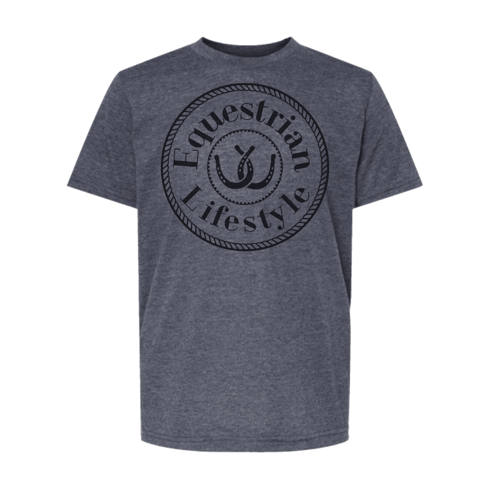 A heather dark gray crewneck t-shirt featuring a black circular graphic on the chest with the words 'Equestrian Lifestyle' and a horseshoe illustration.