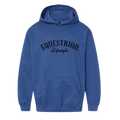 A heather blue pullover hoodie with a dark navy graphic on the chest reading 'EQUESTRIAN Lifestyle' over a horseshoe design, shown on a plain white background.
