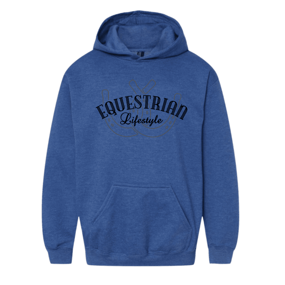 A heather blue pullover hoodie with a dark navy graphic on the chest reading 'EQUESTRIAN Lifestyle' over a horseshoe design, shown on a plain white background.