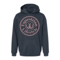 A dark heather gray hoodie with a dusty pink circular graphic on the chest that reads 'Equestrian Lifestyle' around a horseshoe symbol, shown on a plain white background.
