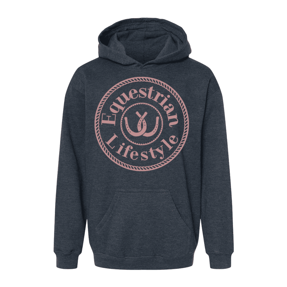 A dark heather gray hoodie with a dusty pink circular graphic on the chest that reads 'Equestrian Lifestyle' around a horseshoe symbol, shown on a plain white background.