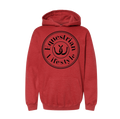 A red heather pullover hoodie with a black circular graphic on the chest that reads 'Equestrian Lifestyle' around a central horseshoe motif, shown on a plain white background.