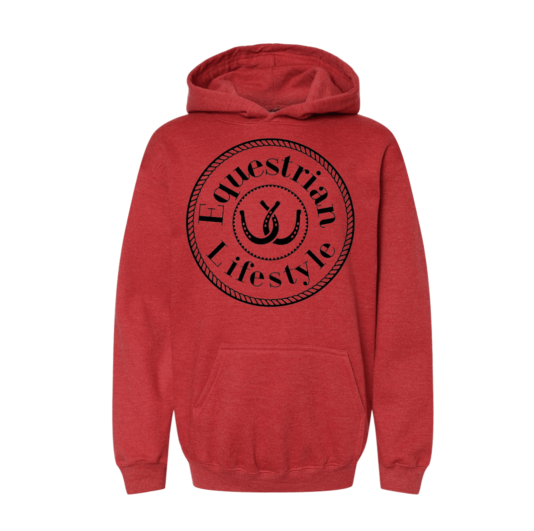 A red heather pullover hoodie with a black circular graphic on the chest that reads 'Equestrian Lifestyle' around a central horseshoe motif, shown on a plain white background.