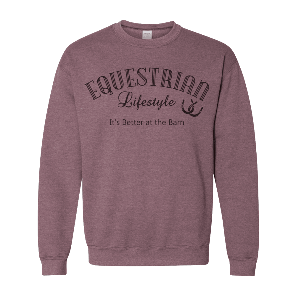 A heathered dusty rose crewneck sweatshirt with 'EQUESTRIAN Lifestyle It's Better at the Barn' printed in black on the chest, displayed on a clean white background.