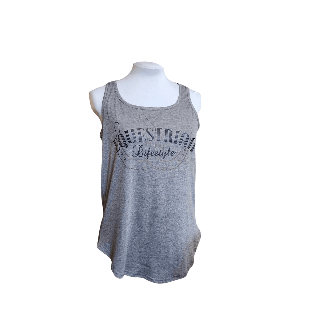 A heather gray sleeveless tank top displayed on a white mannequin torso against a plain white background. The front of the tank features a dark gray graphic with the words 'EQUESTRIAN Lifestyle' and a rope motif.