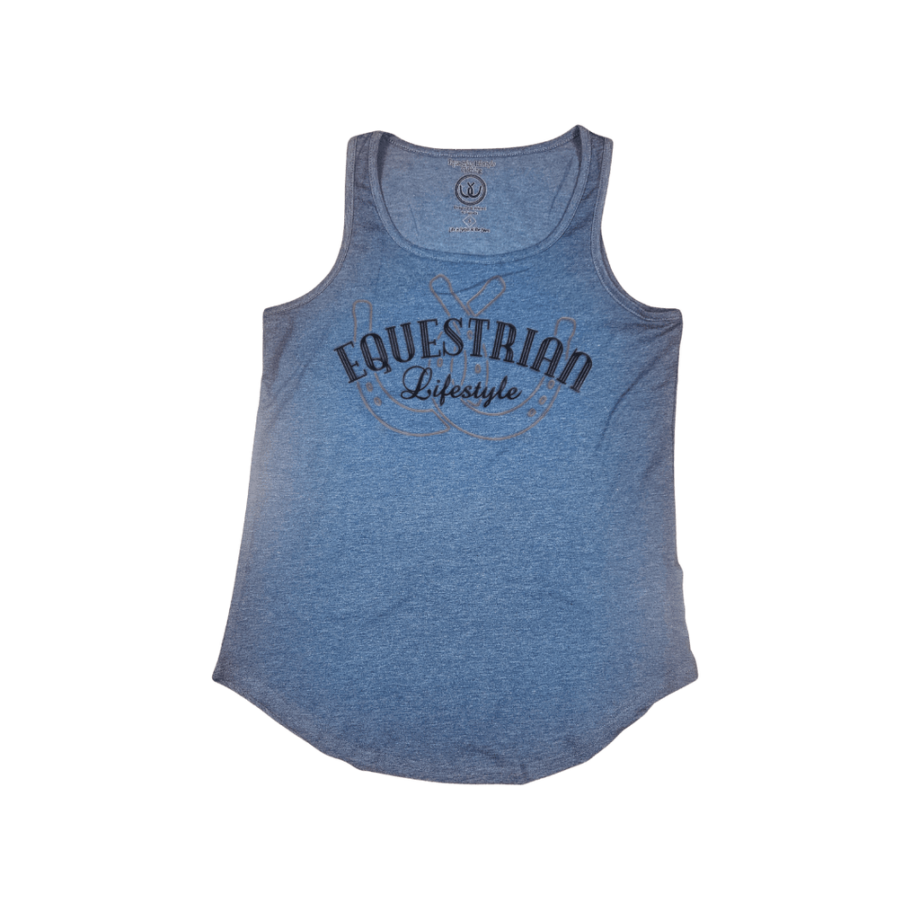 A heather blue racerback tank top with a 'EQUESTRIAN Lifestyle' graphic printed on the front, displayed against a solid white background.