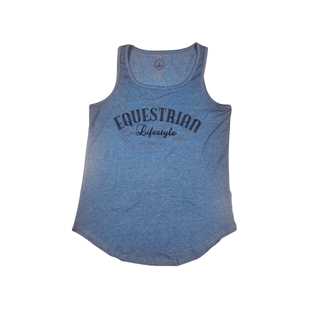 A heather blue racerback tank top with a 'EQUESTRIAN Lifestyle' graphic printed on the front, displayed against a solid white background.
