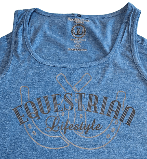 Close-up of a heathered blue tank top with a printed graphic reading 'EQUESTRIAN Lifestyle' over  horseshoe details. The inside neck label shows the brand 'equestrianlifestyle'.