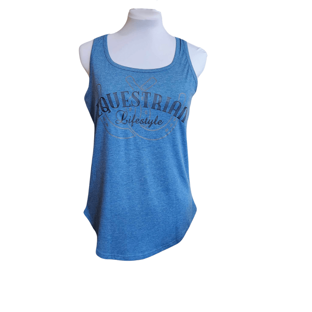 A heather blue sleeveless tank top displayed on a white mannequin torso against a plain white background. The front features a dark blue graphic with the words 'EQUESTRIAL Lifestyle' and a horseshoe silhouette.