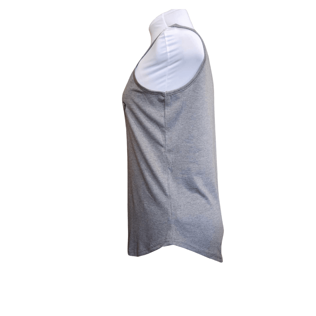 A heather gray sleeveless tank top displayed on a white mannequin torso against a plain white background.