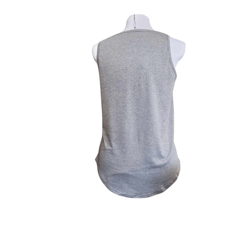 A heather gray sleeveless tank top shown from the back on a white mannequin torso against a plain white background.
