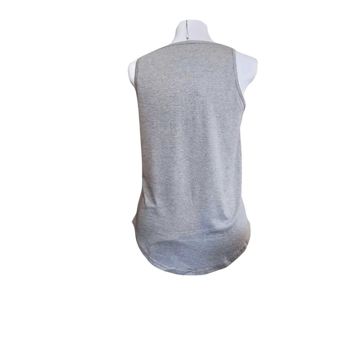 A heather gray sleeveless tank top shown from the back on a white mannequin torso against a plain white background.