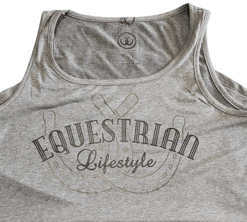 A close-up of a heather gray tank top featuring a distressed graphic print that reads 'EQUESTRIAN Lifestyle' over a faint horseshoe design.