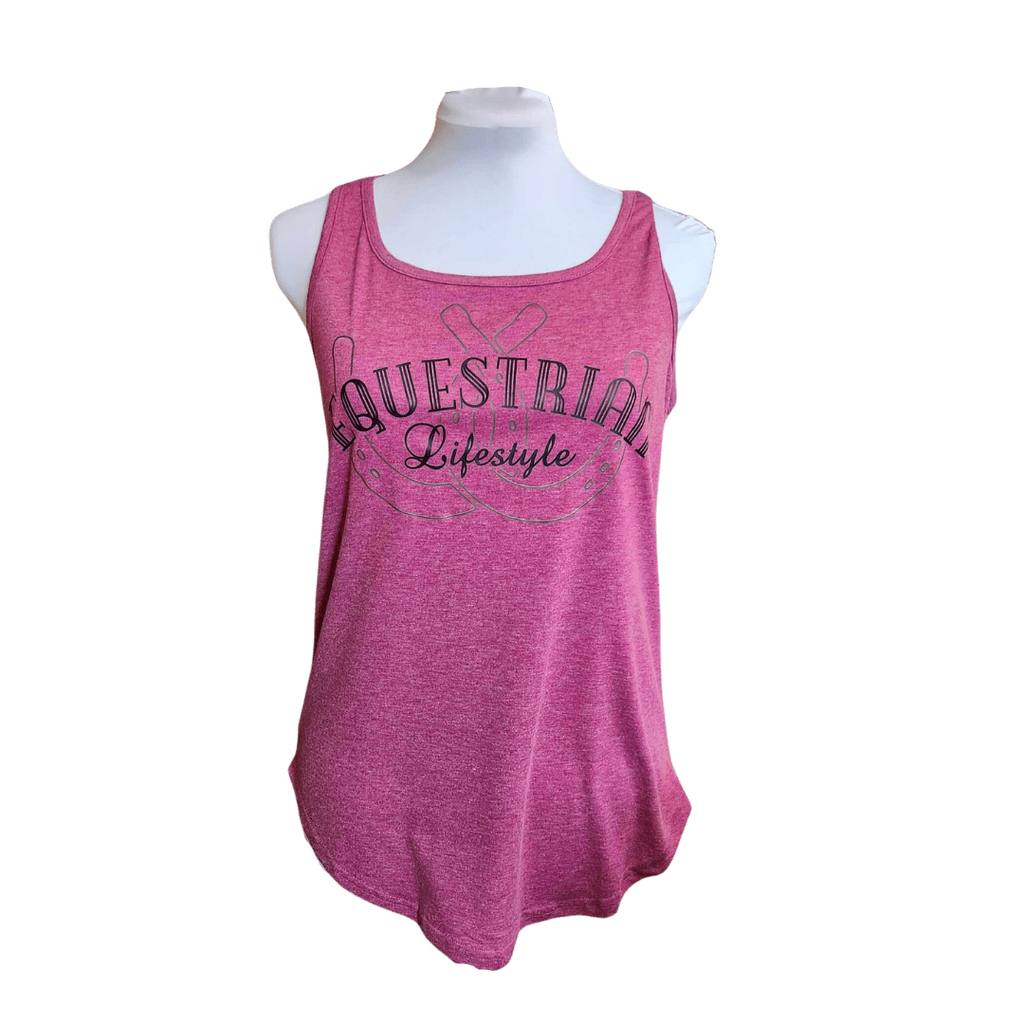 A pink heathered tank top displayed on a white mannequin torso against a plain white background. The tank features a graphic print on the front with the words 'EQUESTRIAn Lifestyle' in black script and outline lettering.