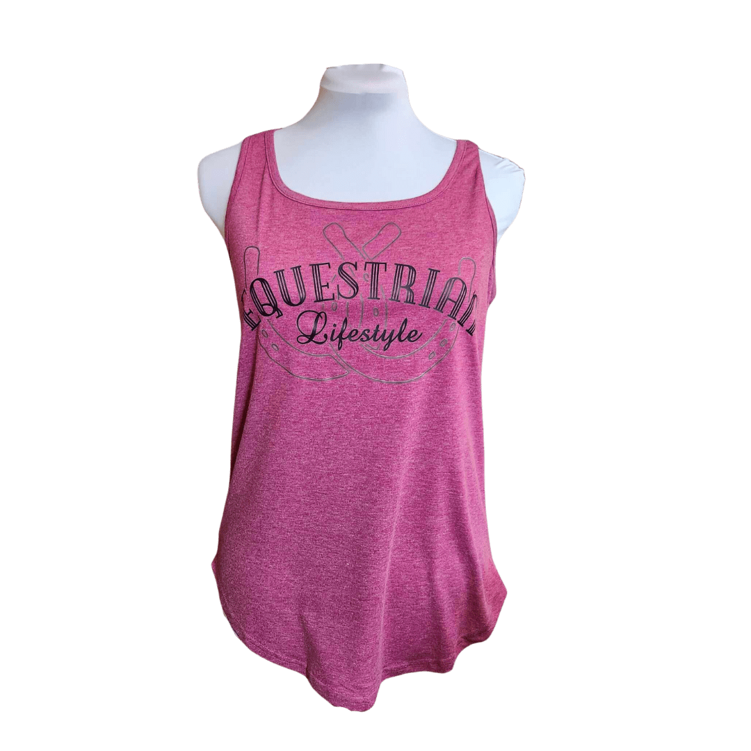A pink heathered tank top displayed on a white mannequin torso against a plain white background. The tank features a graphic print on the front with the words 'EQUESTRIAn Lifestyle' in black script and outline lettering.