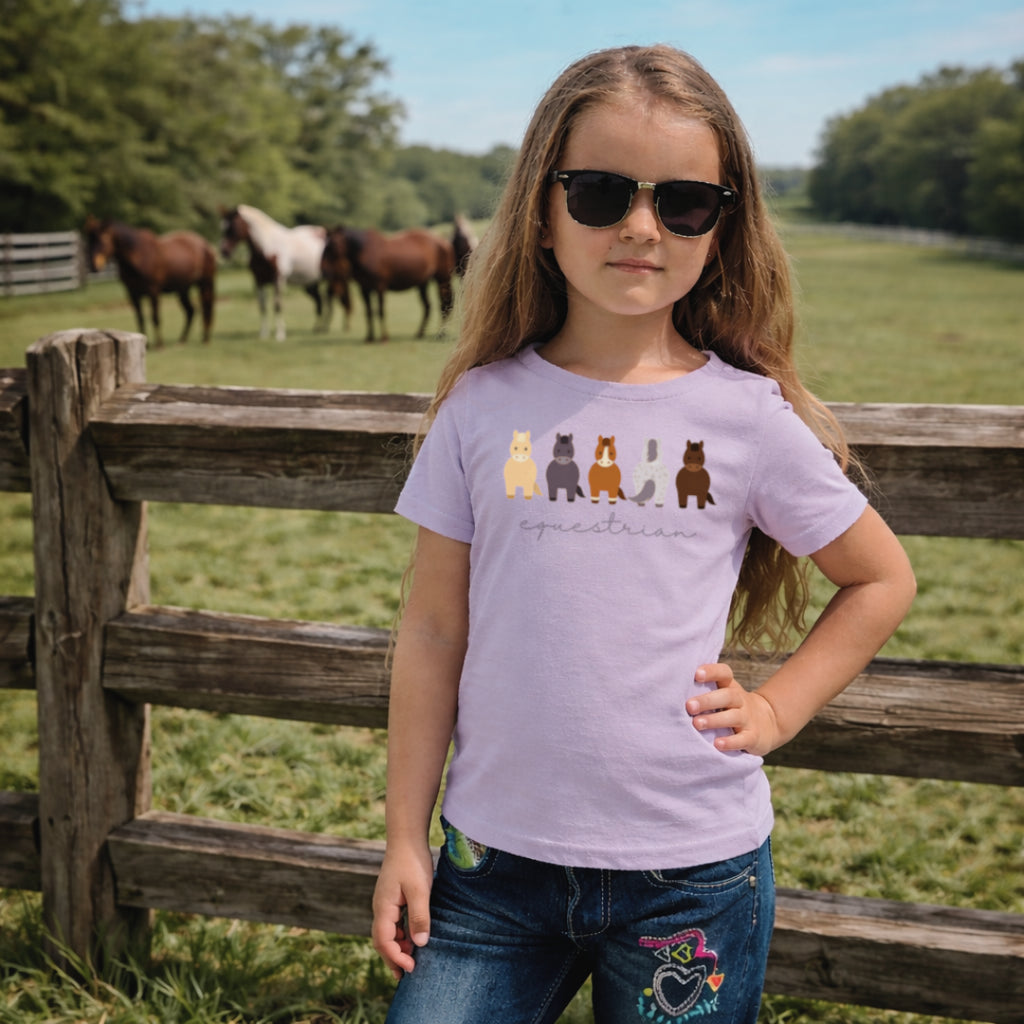 A young girl wearing a light purple t-shirt with a graphic of six colorful horses and the word 'equestrian', standing in front of a wooden fence in a grassy field with horses in the background.