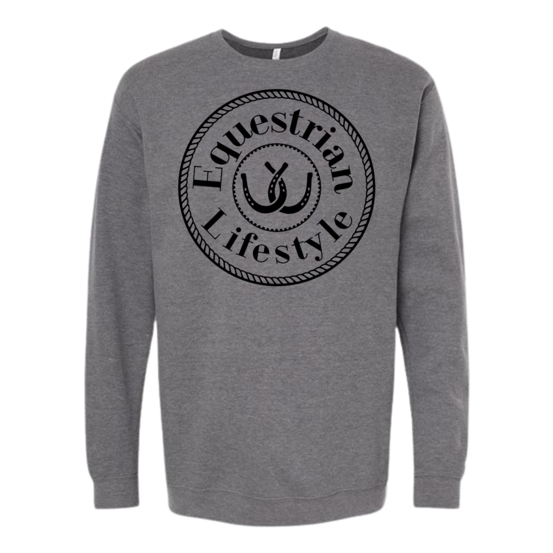 A heather gray crewneck sweatshirt featuring a black circular graphic on the chest with the words 'Equestrian Lifestyle' and a horseshoe symbol.