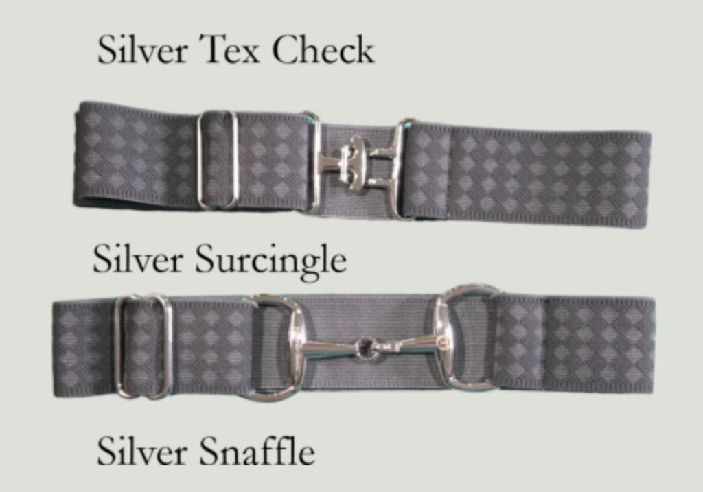Three gray patterned equestrian belts labeled 'Silver Tex Check,' 'Silver Surcingle,' and 'Silver Snaffle' on a light gray background.