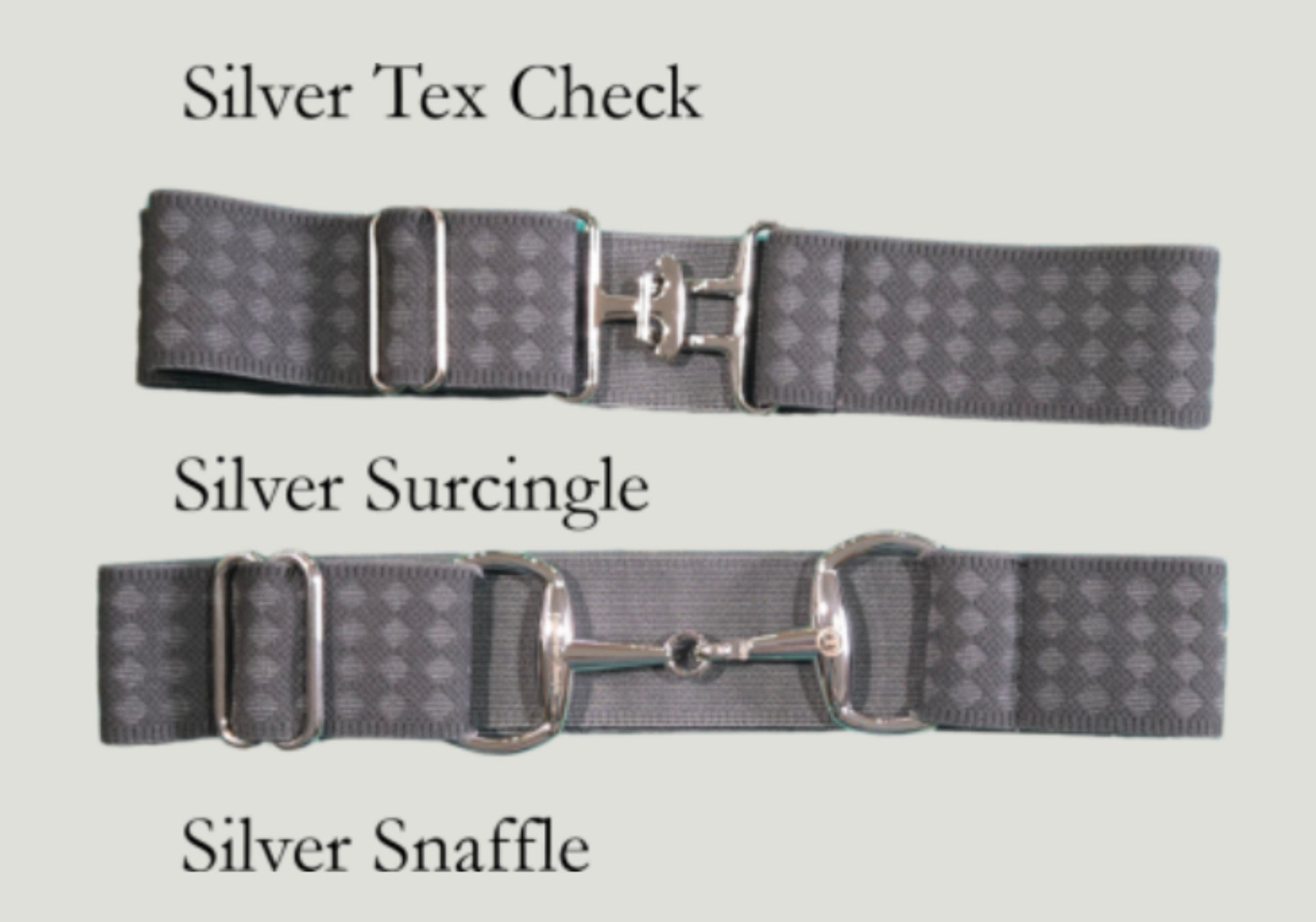 Three gray patterned equestrian belts labeled 'Silver Tex Check,' 'Silver Surcingle,' and 'Silver Snaffle' on a light gray background.