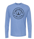 A heather blue long-sleeve crewneck t-shirt featuring a black circular graphic on the chest with the words 'Equestrian Lifestyle' and a horseshoe design.