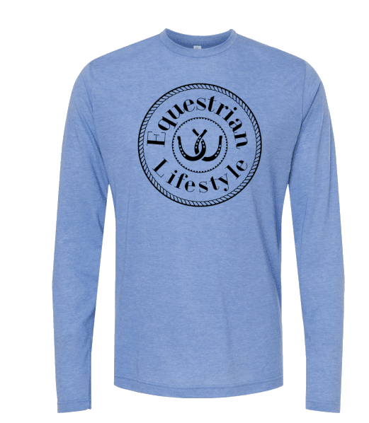A heather blue long-sleeve crewneck t-shirt featuring a black circular graphic on the chest with the words 'Equestrian Lifestyle' and a horseshoe design.