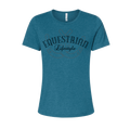 A women's short-sleeve crewneck t-shirt in heathered teal blue, featuring a dark navy graphic on the chest that reads 'EQUESTRIAN Lifestyle' with a horseshoe outline.