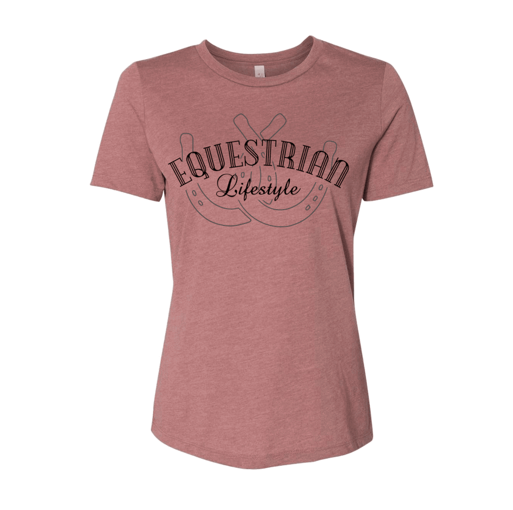 A women's short-sleeve crewneck t-shirt in heathered dusty rose pink, featuring a dark brown graphic on the chest with the words 'EQUESTRIAN Lifestyle' and a horseshoe design.