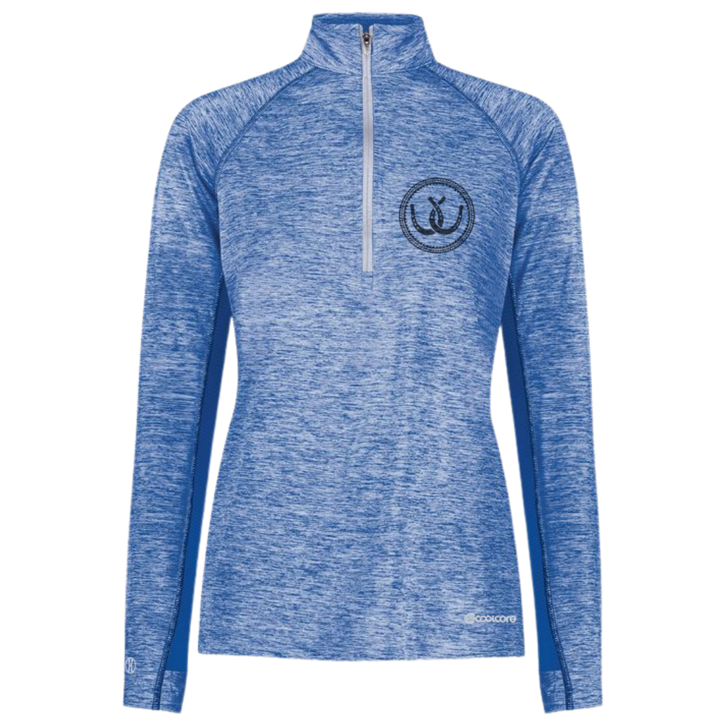A women's heathered blue long-sleeve quarter-zip pullover with a circular horseshoe logo on the left chest  shown on a plain white background.