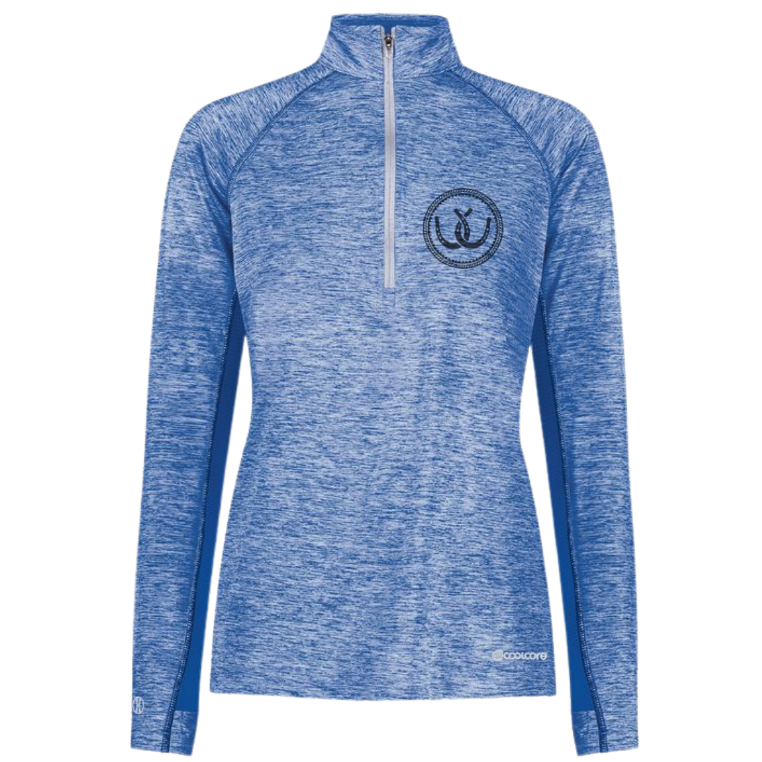 A women's heathered blue long-sleeve quarter-zip pullover with a circular horseshoe logo on the left chest  shown on a plain white background.