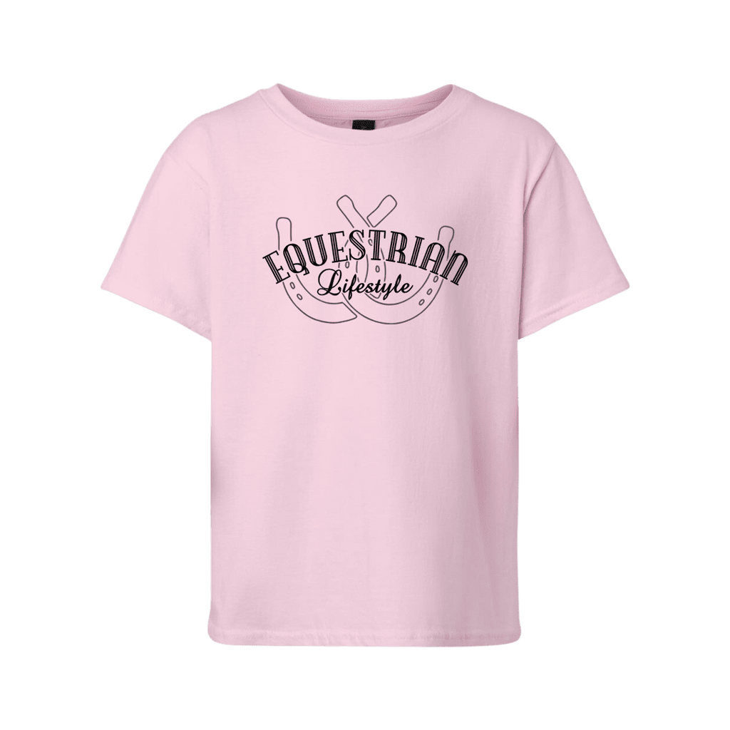 A light pink short-sleeve t-shirt with a black graphic on the chest reading 'EQUESTRIAN Lifestyle' over horseshoes, shown on a plain white background.