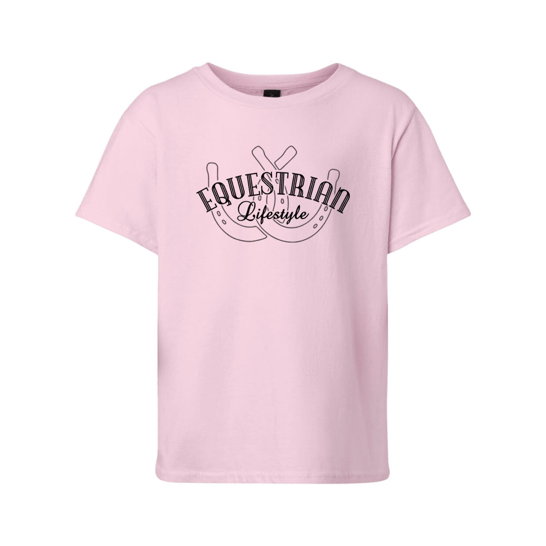 A light pink short-sleeve t-shirt with a black graphic on the chest reading 'EQUESTRIAN Lifestyle' over horseshoes, shown on a plain white background.