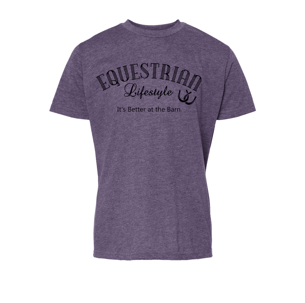A heather purple short-sleeve t-shirt with a black graphic print on the front that reads 'EQUESTRIAN Lifestyle It's Better at the Barn' with a small horseshoe symbol, shown on a plain white background.