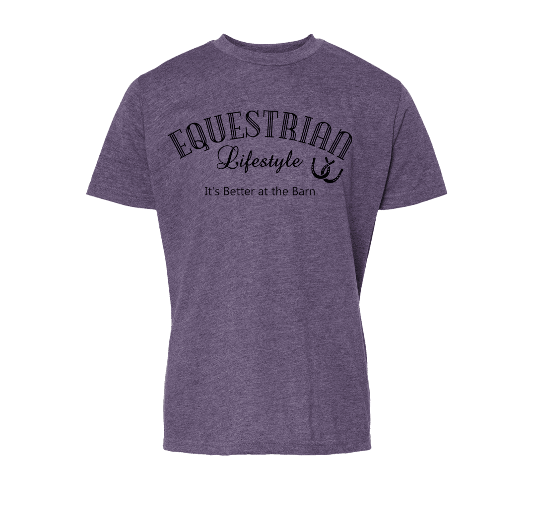 A heather purple short-sleeve t-shirt with a black graphic print on the front that reads 'EQUESTRIAN Lifestyle It's Better at the Barn' with a small horseshoe symbol, shown on a plain white background.
