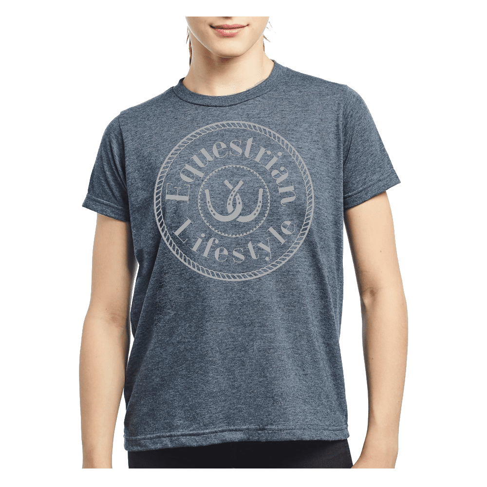 Equestrian Lifestyle Youth T-Shirt – Heather Navy Silver Grey Horseshoe