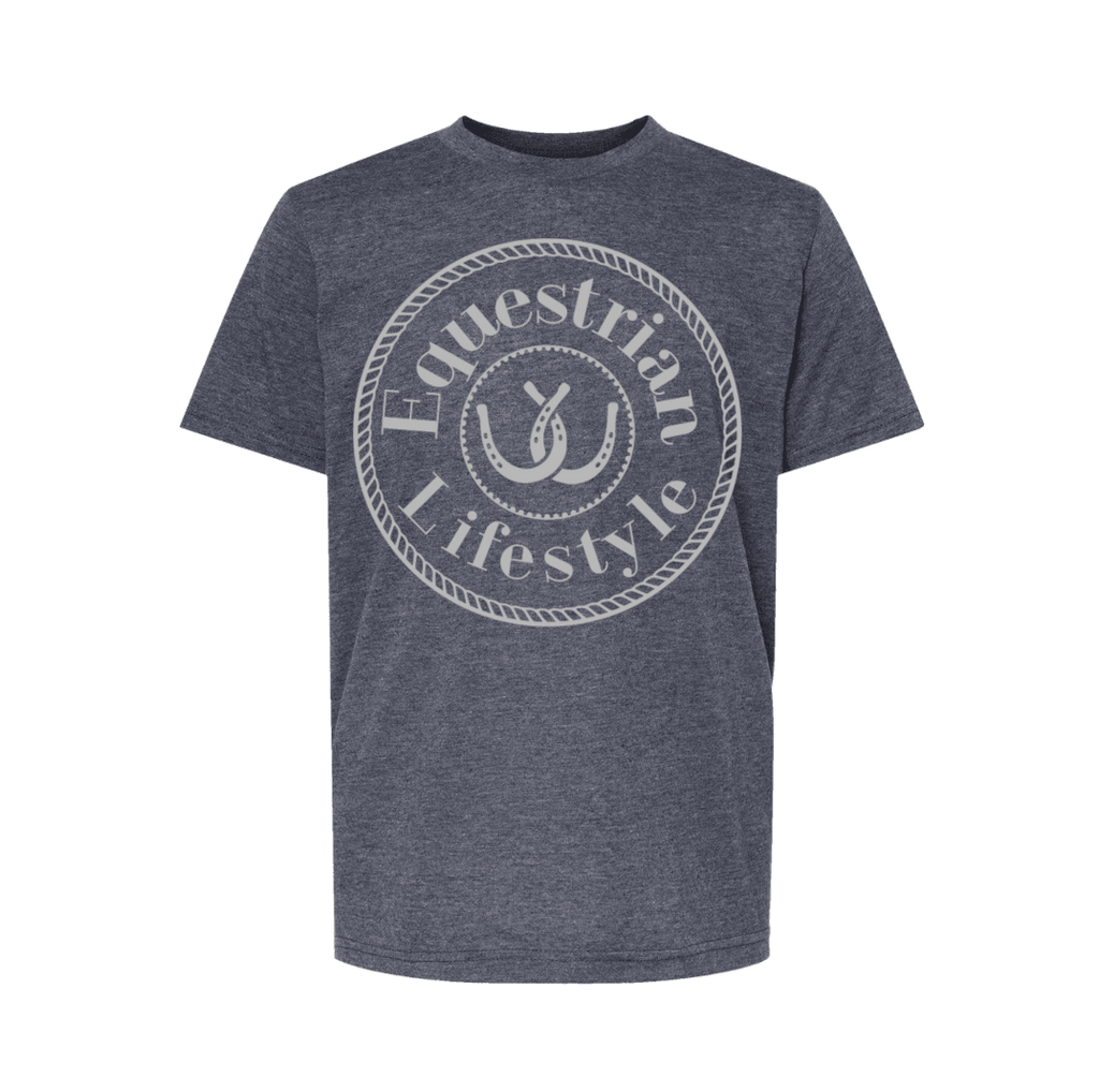 Equestrian Lifestyle Youth T-Shirt – Heather Navy Silver Grey Horseshoe