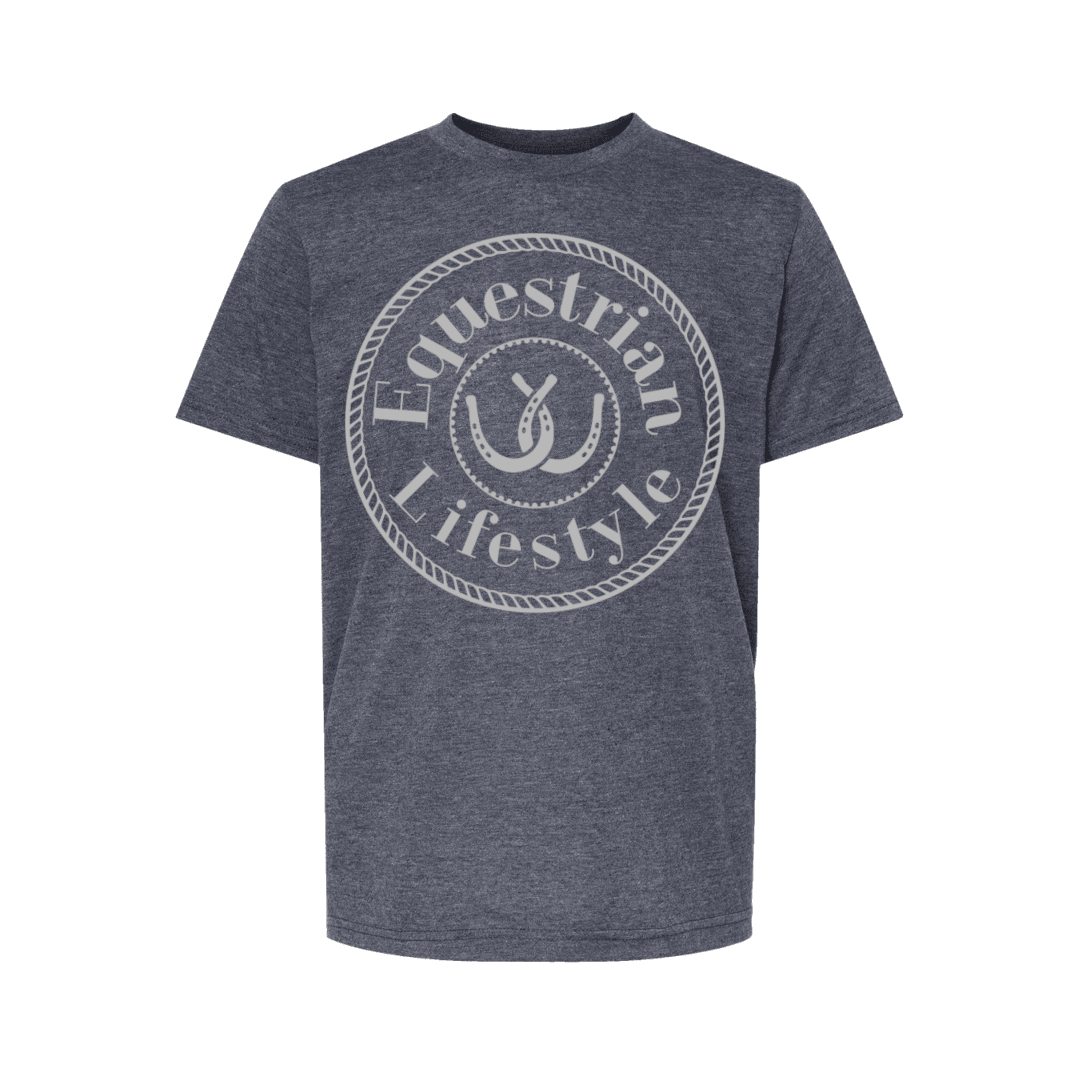 Equestrian Lifestyle Youth T-Shirt – Heather Navy Silver Grey Horseshoe