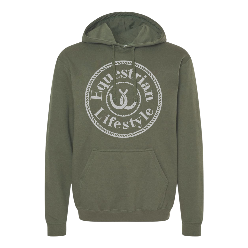 An olive green pullover hoodie with a white circular graphic on the chest that reads 'Equestrian Lifestyle' around a horseshoe symbol.