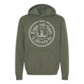 An olive green pullover hoodie with a white circular graphic on the chest that reads 'Equestrian Lifestyle' around a horseshoe symbol.