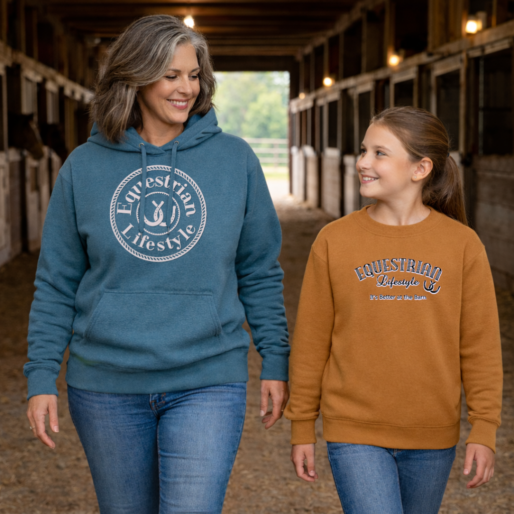 A woman and a girl walking side by side in a barn aisle. The woman wears a slate blue hoodie with a white circular 'Equestrian Lifestyle' logo, and the girl wears a rust orange sweatshirt with a white 'Equestrian Lifestyle' logo.